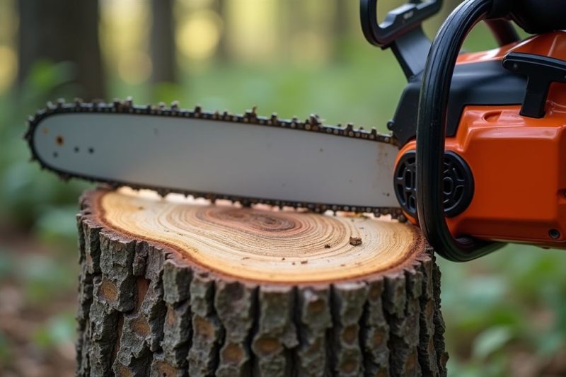 Chainsaw resting on the freshly cut stump of a felled tree