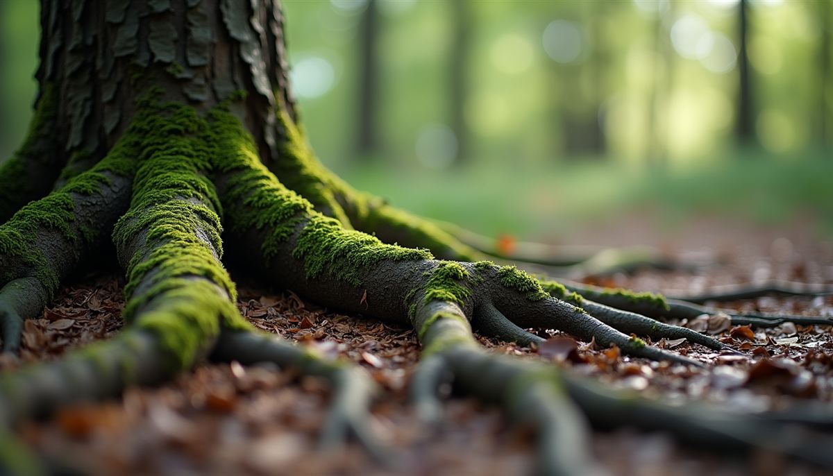 Close-up view of conifer roots spreading near the surface