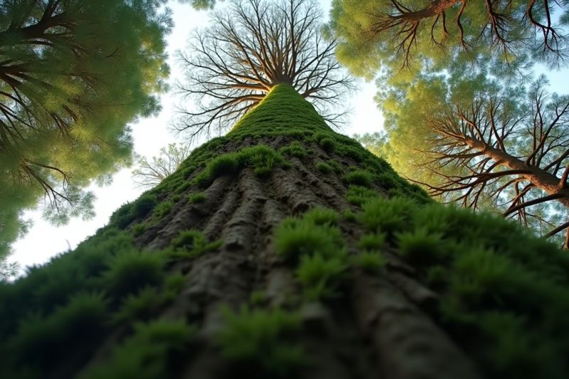 Eye-level view of a tall conifer tree in a London garden