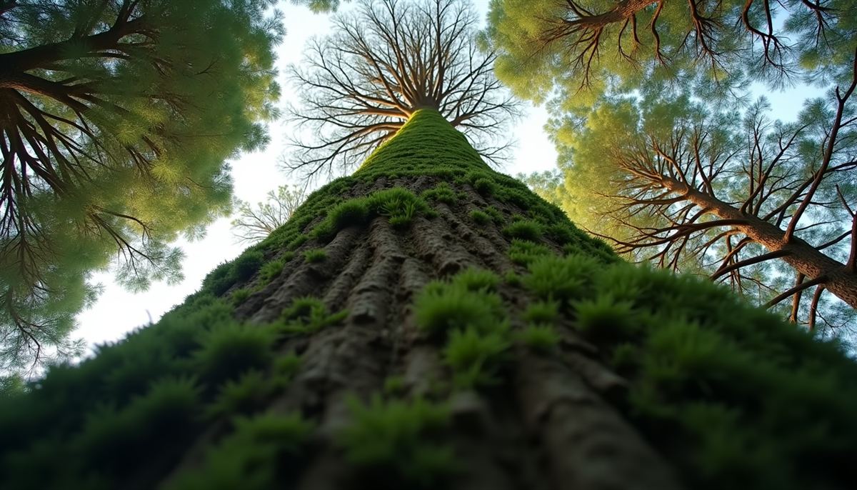 Eye-level view of a tall conifer tree in a London garden